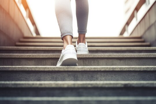 Closeup Of Female Legs In Sportswear Walking Up The Stairs.

 Generative AI