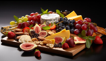 Fresh gourmet fruit plate grape, strawberry, raspberry, melon, blueberry, fig, almond generated by AI