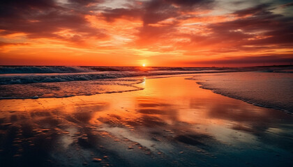 Fototapeta na wymiar Golden sun sets over tranquil seascape, a dramatic beauty generated by AI