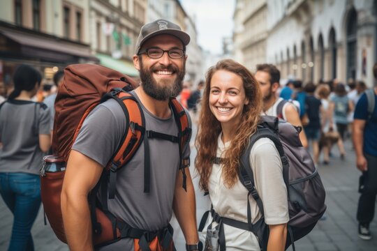 Young boyfriend and girlfriend traveling together smiling and enjoying at summer vacation.