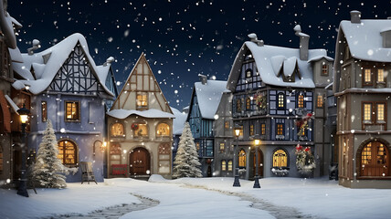 Fototapeta premium Christmas. new year card illustration winter landscape small houses in the snow, postcard winter view abstract small town or village