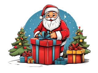 Santa Christmas tree, gift box, Sticker, t Shirt design Generative AI.