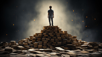 student on a mountain of textbooks, silhouette preparation for exams and tests, education concept. abstract computer illustration