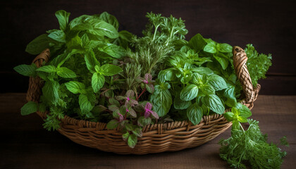 Fresh organic herbs in rustic basket for healthy culinary seasoning generated by AI
