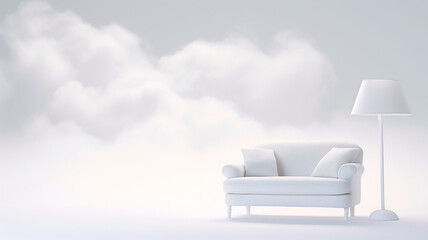 armchair in a white cloud interior, abstract white cloud background and a place to sit, light background with copy space