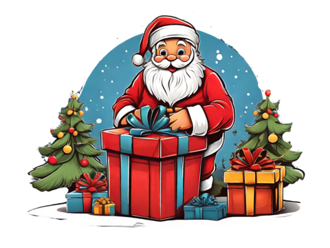 Santa Christmas tree, gift box, Sticker, t Shirt design Generative AI.