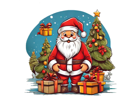 Santa Christmas tree, gift box, Sticker, t Shirt design Generative AI. - Powered by Adobe