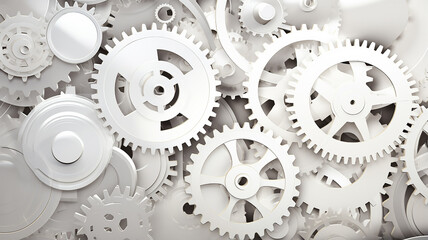 white gears, teamwork business abstract background texture a lot of gears complex mechanics mechanism work, light metal or plastic - obrazy, fototapety, plakaty