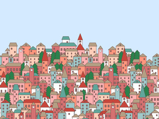 Cute cartoon panoramic old town seamless border, vector background - 681309155