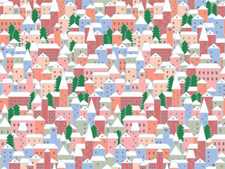 Cute cartoon panoramic christmas town in pastel colors, with white snow roofs, real estate seamless pattern, vector background