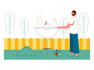 Man is grilling in the park. Park illustration.
