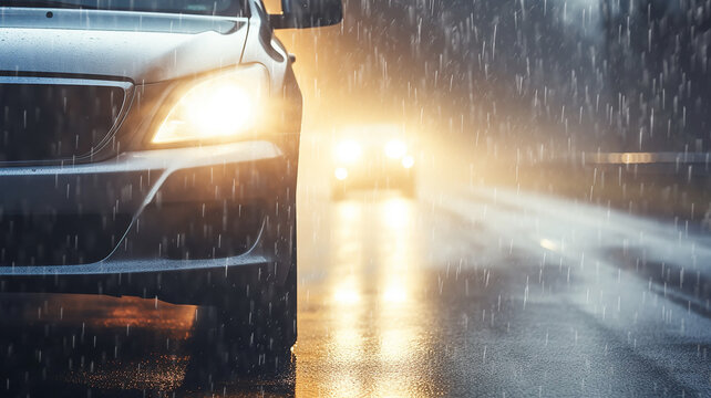 rain autumn headlights car highway fog, background with a copy of the space, oncoming car with fog lights in motion