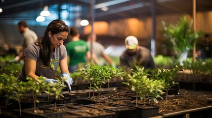 A corporate event focused on carrying out corporate social responsibility activities or volunteering related to environmental care and the recycling of raw materials, Generative AI.