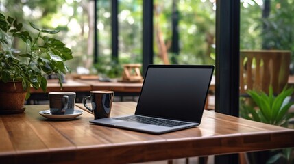 laptop in the garden, Workspace setup on a wooden surface, laptop with a white screen, a cup of coffee, and a lush potted plant creating a soothing atmosphere,  calming workspace.