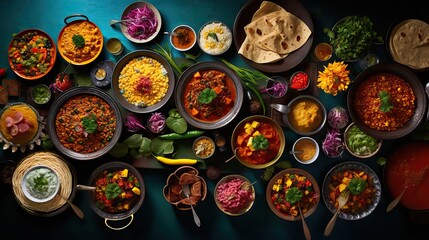 A series of exotic food dishes, full of colors and flavors due to their unique ingredients and spices from around the world, Generative AI.