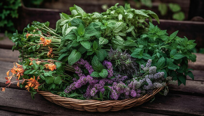 Bunch of hydrangeas in a rustic basket, perfect gift arrangement generated by AI