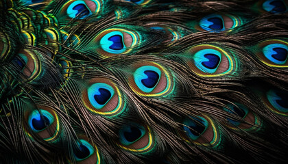 Obraz premium Majestic peacock displays iridescent beauty in vibrant turquoise and blue generated by AI