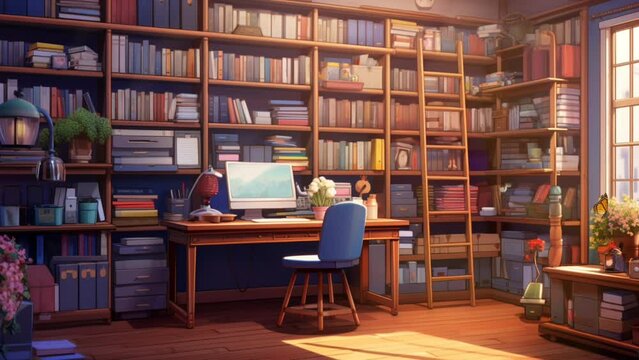 Cosy anime-style library with morning sunlight streaming in through classroom windows and butterflies. seamless time-lapse virtual 4k video animation backgrounds. Generated with AI