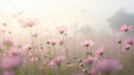 wild flowers, pink gerberas, daisies in the field, landscape view close-up of many pink flowers, delicate aroma soft pastel