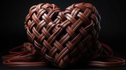 interlacing heart shape braided black leather belt on a black background unusual valentine, psychology addiction - obrazy, fototapety, plakaty