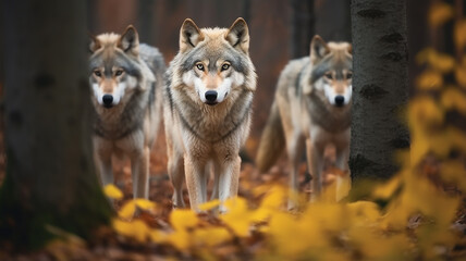 Obraz premium a pack of wolves in the autumn forest , frontal view of wildlife, predators hunting, fear of the attack of wild animals