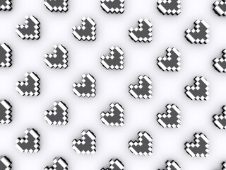 Rows of gray pixel hearts on a white background 3 d rendering