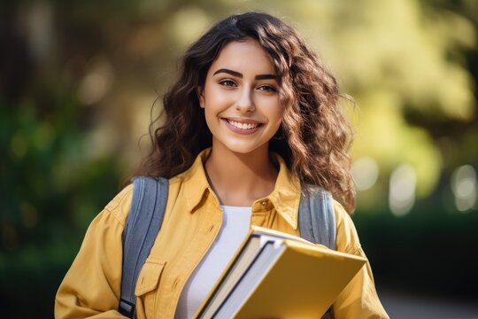 portrait of a cheerful college girl holding books, educational promotions, college advertisements