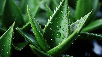 vlose up aloevera green leaves with  water drops , water drops on a green leaf, green background - obrazy, fototapety, plakaty