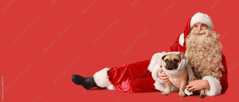 Canvas Prints Santa Claus and cute French bulldog on red background with space for text