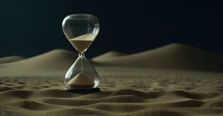 Timeless Concept of Hourglass on Arid Desert Sands with Twilight Sky, Symbolizing Urgency, Patience, and the Inevitable Passage of Time in a Tranquil Nature Setting