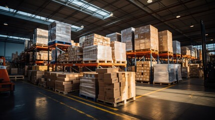 Warehouse full of shelves with goods in cartons. Logistics blurred background