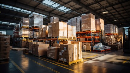 Warehouse full of shelves with goods in cartons. Logistics blurred background