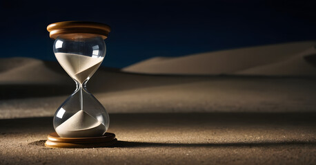 Timeless Concept of Hourglass on Arid Desert Sands with Twilight Sky, Symbolizing Urgency, Patience, and the Inevitable Passage of Time in a Tranquil Nature Setting