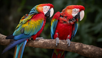 Vibrant macaws perching on branch, showcasing beauty in nature generated by AI