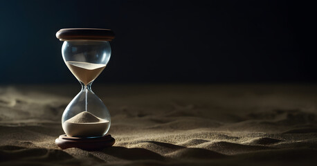 Timeless Concept of Hourglass on Arid Desert Sands with Twilight Sky, Symbolizing Urgency, Patience, and the Inevitable Passage of Time in a Tranquil Nature Setting