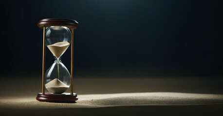 Timeless Concept of Hourglass on Arid Desert Sands with Twilight Sky, Symbolizing Urgency, Patience, and the Inevitable Passage of Time in a Tranquil Nature Setting