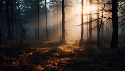 Tranquil silhouette of pine tree back lit by yellow sunlight generated by AI