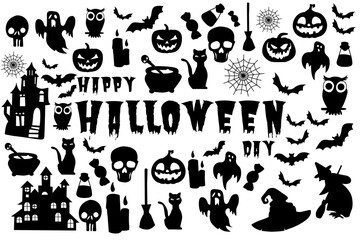 set of silhouettes with a halloween theme on a white background.halloween, vector, icon, ghost, pumpkin, bat, silhouette