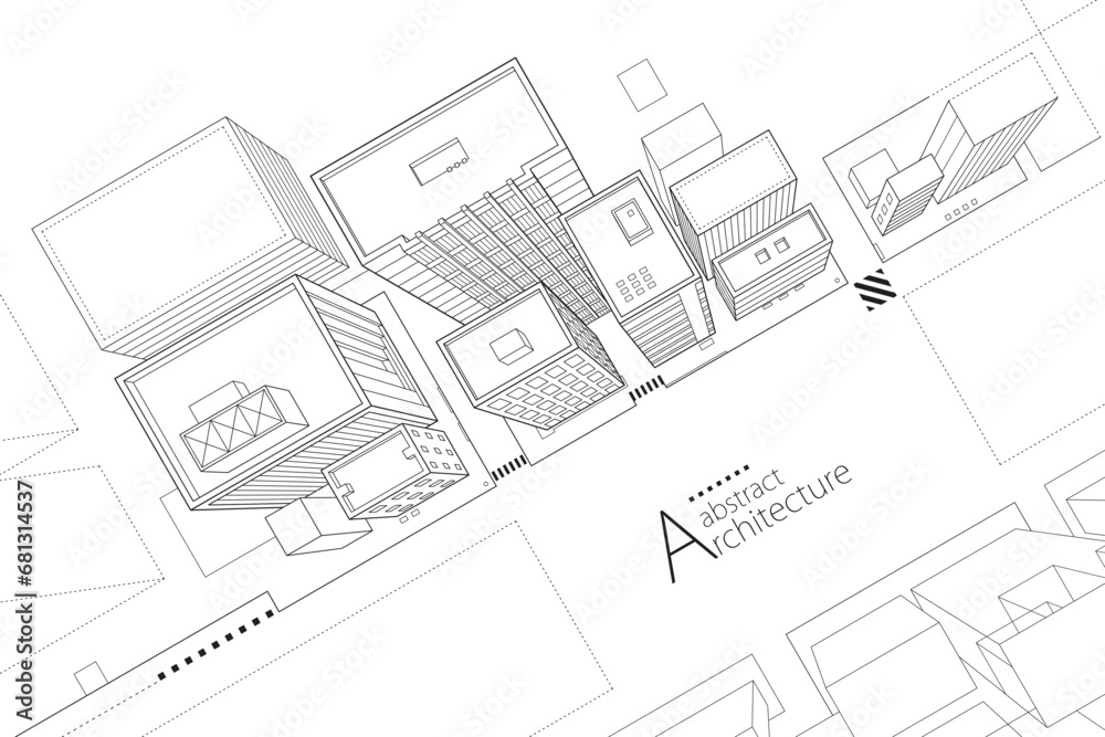 Aufkleber 3d illustration of abstract architectural building top view perspective design. a line art imaginati