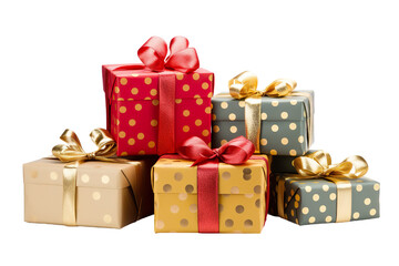 Fototapeta premium a group of christmas gifts piled, pois colors, and gold isolated on white background isolated PNG