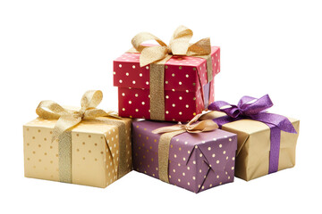 Obraz premium a group of christmas gifts piled, pois colors, and gold isolated on white background isolated PNG