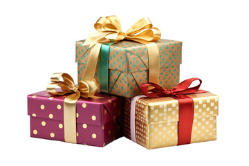 Obraz premium a group of christmas gifts piled, pois colors, and gold isolated on white background isolated PNG