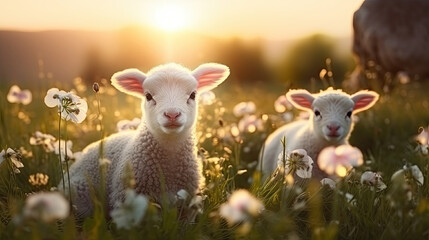  little lambs with sheep on fresh green meadow during sunrise Newborn lambs in flower field,  summer landscape
