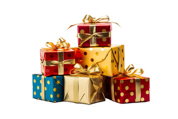a group of christmas gifts piled, pois colors, and gold isolated on white background isolated PNG