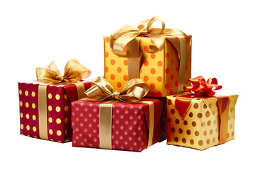 Fototapeta premium a group of christmas gifts piled, pois colors, and gold isolated on white background isolated PNG