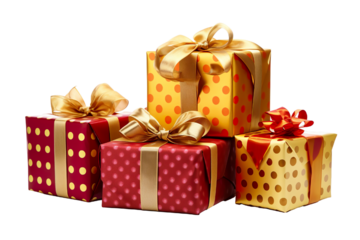 a group of christmas gifts piled, pois colors, and gold isolated on white background isolated PNG