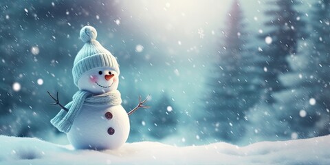 Obraz premium Cheerful snowfall delight. Winter happiness in frosty christmas landscape. Celebrating season with joyful winter scenes. Cute snowman in snowy landscape under blue sky