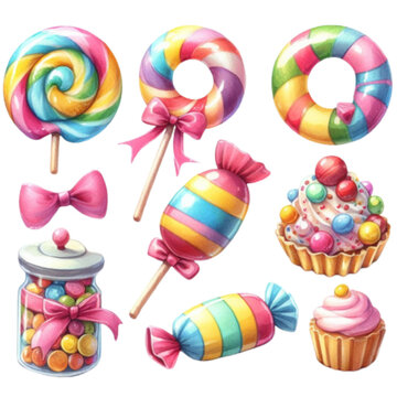 Candies, lollipop, sugar caramel in wrapper, gums and twisted marshmallow on stick. Vector set of sweets, spiral lollypops, striped bonbons and bubblegums isolated on white background