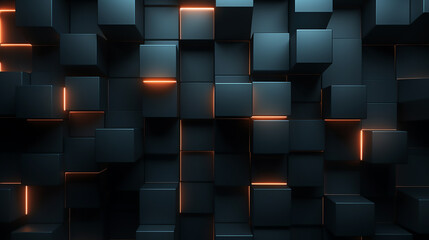 Dark squares and neon light glow abstract background. Realistic wall of cubes. black square pattern...