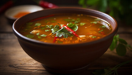 Healthy stew with organic vegetables, pork, and spicy chili pepper generated by AI